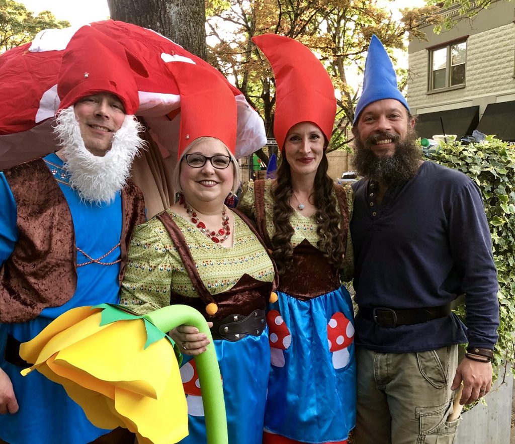 Kevin Donaldson, Shannon Van Horn, Amanda Whitcombe and Lee Lapp showing First Friday Gnome Spirit