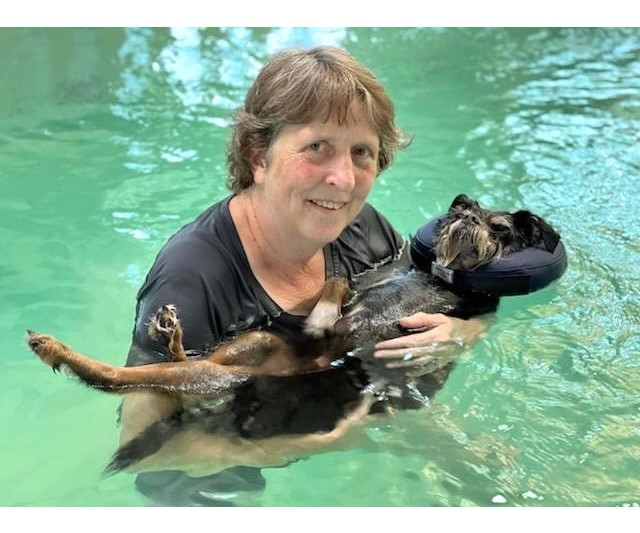 dog swimming in a pool with a lady holding him at Splash Canine Hydrotherapy