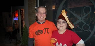 Kevin Donaldson and Shannon Van Horn in tshirts with pie puns on them in Downtown Camas