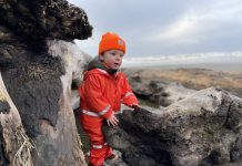 little boy in a orange rain suit and orange beanie stands among driftwood on an Olympic beach.